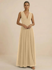 Teal Pleated V-Neck Chiffon Evening Gown with Ruched
