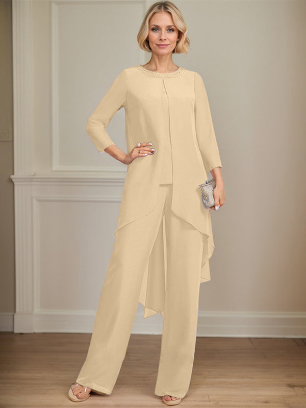 Pantsuit Scoop Floor-Length Chiffon Mother of the Bride Dress With Sequins Beading