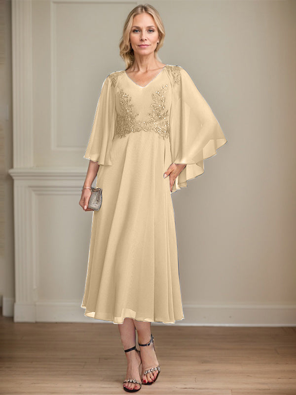 A-line V-Neck Tea-Length Chiffon Lace Mother of the Bride Dress With Beading Sequins
