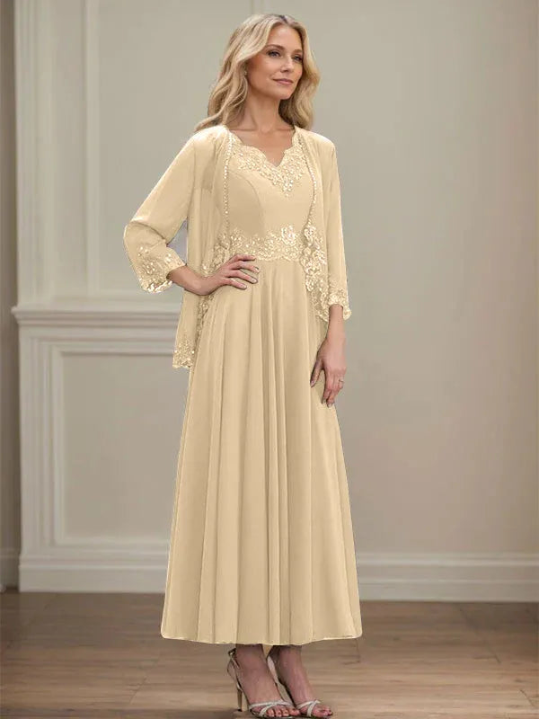 Robe de mère de la mariée trapèze en mousseline de soie, col en V, longueur cheville, avec appliques à paillettes et perles en dentelle 