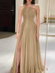 Red Pleated Chiffon Strapless Long Prom Dress with Slit