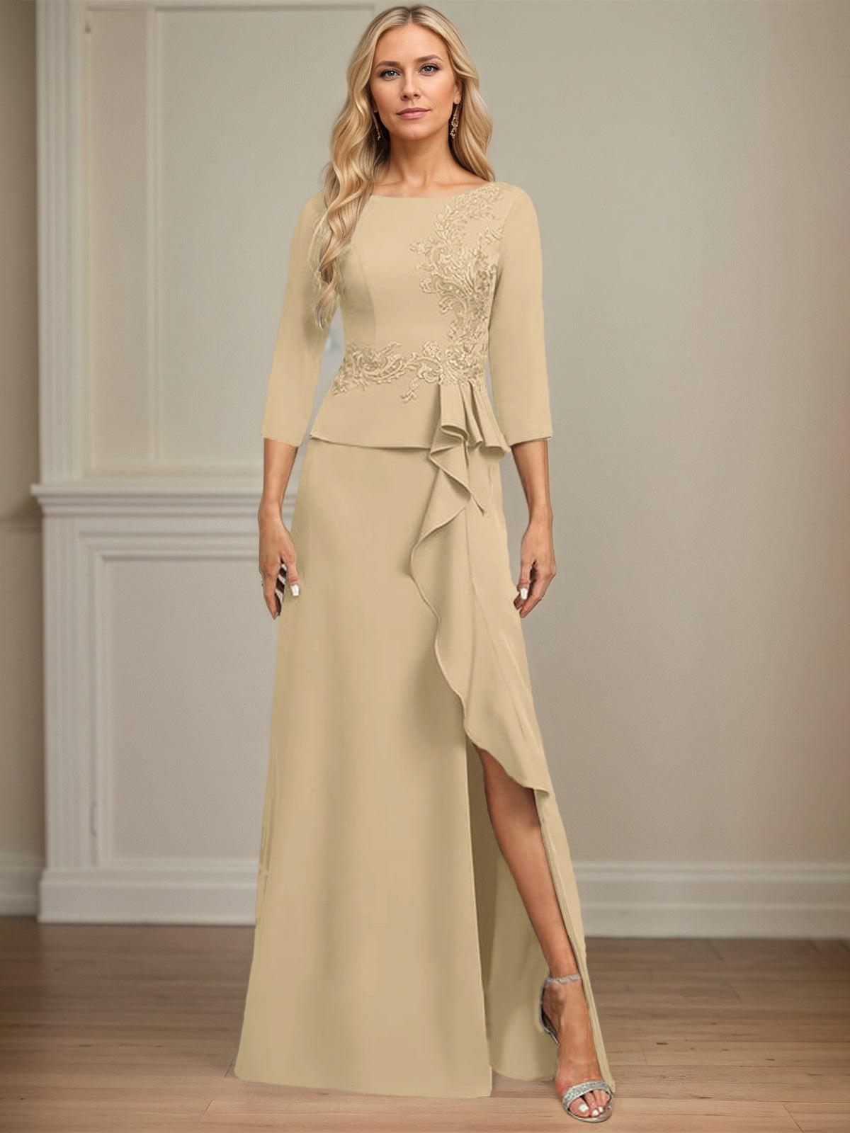 Column Scoop Floor-Length Stretch Crepe Dress With Cascading Ruffles Appliques
