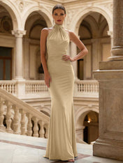 Navy Blue Halter Neck Maxi Dresses Mermaid Evening Dress