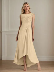 Champagne A-Line Scoop Lace Chiffon Dress