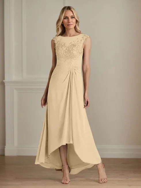 Champagne A-Line Scoop Lace Chiffon Dress