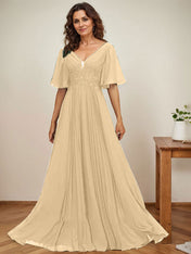 A-line V-Neck Floor-Length Chiffon Mother of the Bride Dress With Sequins Appliques Lace Pleated