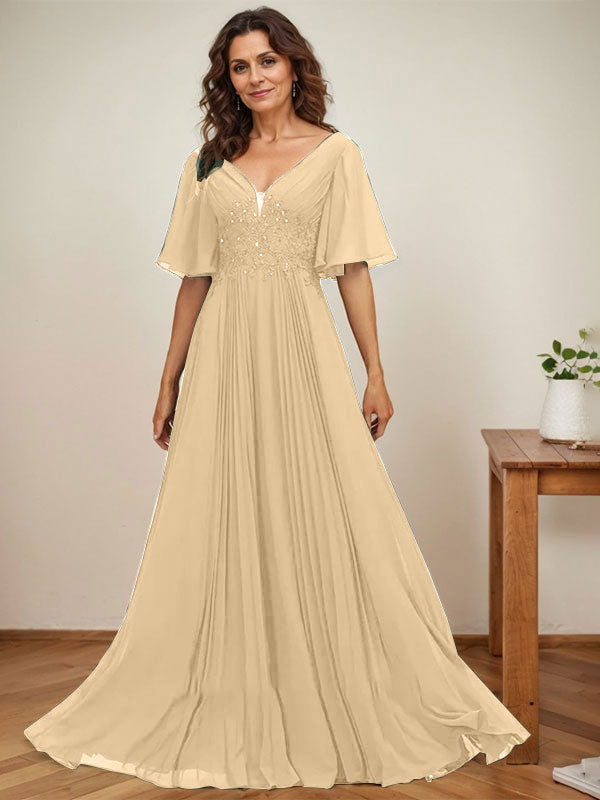 A-line V-Neck Floor-Length Chiffon Mother of the Bride Dress With Sequins Appliques Lace Pleated