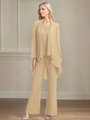 Chiffon Scoop Neck Long Sleeves Floor Length Mother Of The Bride Pantsuits
