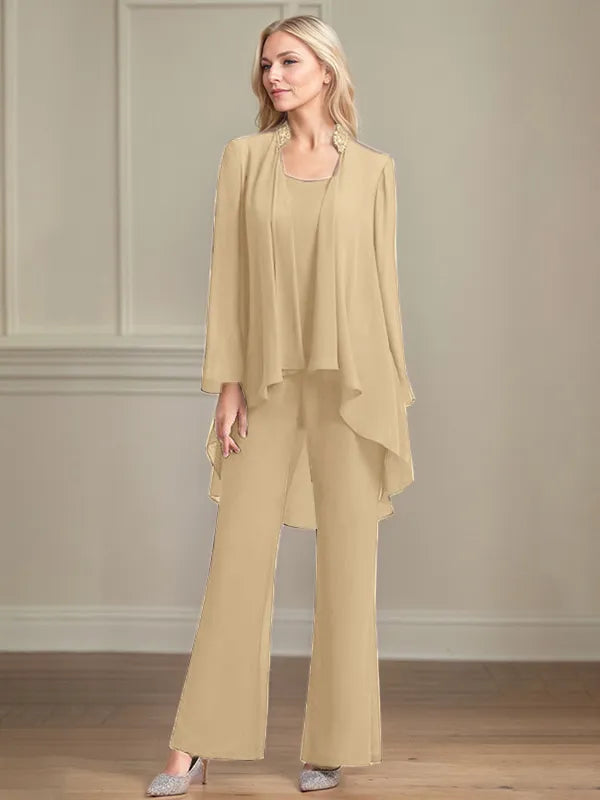 Chiffon Scoop Neck Long Sleeves Floor Length Mother Of The Bride Pantsuits