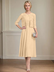 A-line Scoop Tea-Length Chiffon Mother of the Bride Dress With Pleated