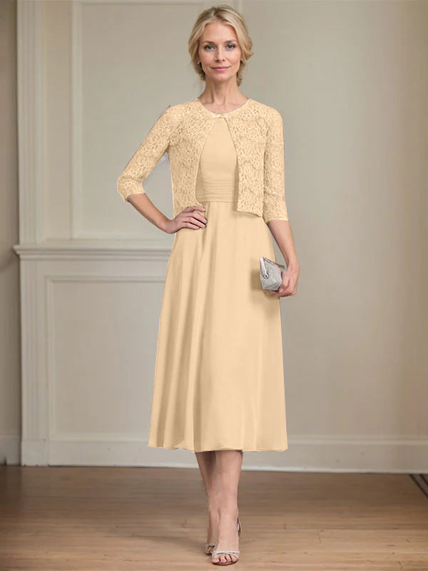 A-line Scoop Tea-Length Chiffon Mother of the Bride Dress With Pleated