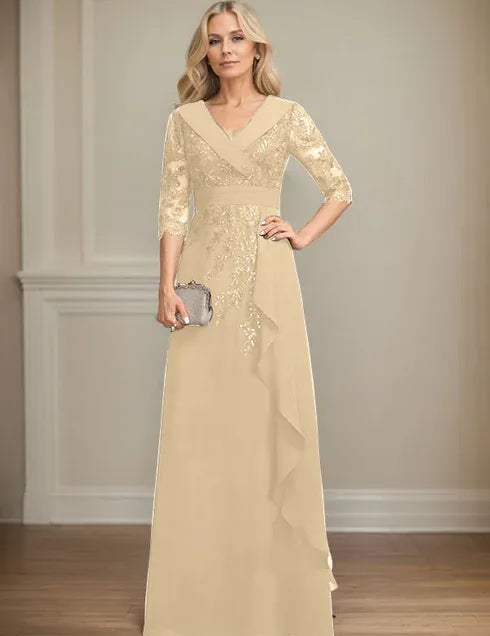 Robe de mère de la mariée trapèze, col en V, longueur au sol, en mousseline de soie et dentelle, avec volants en cascade et paillettes 