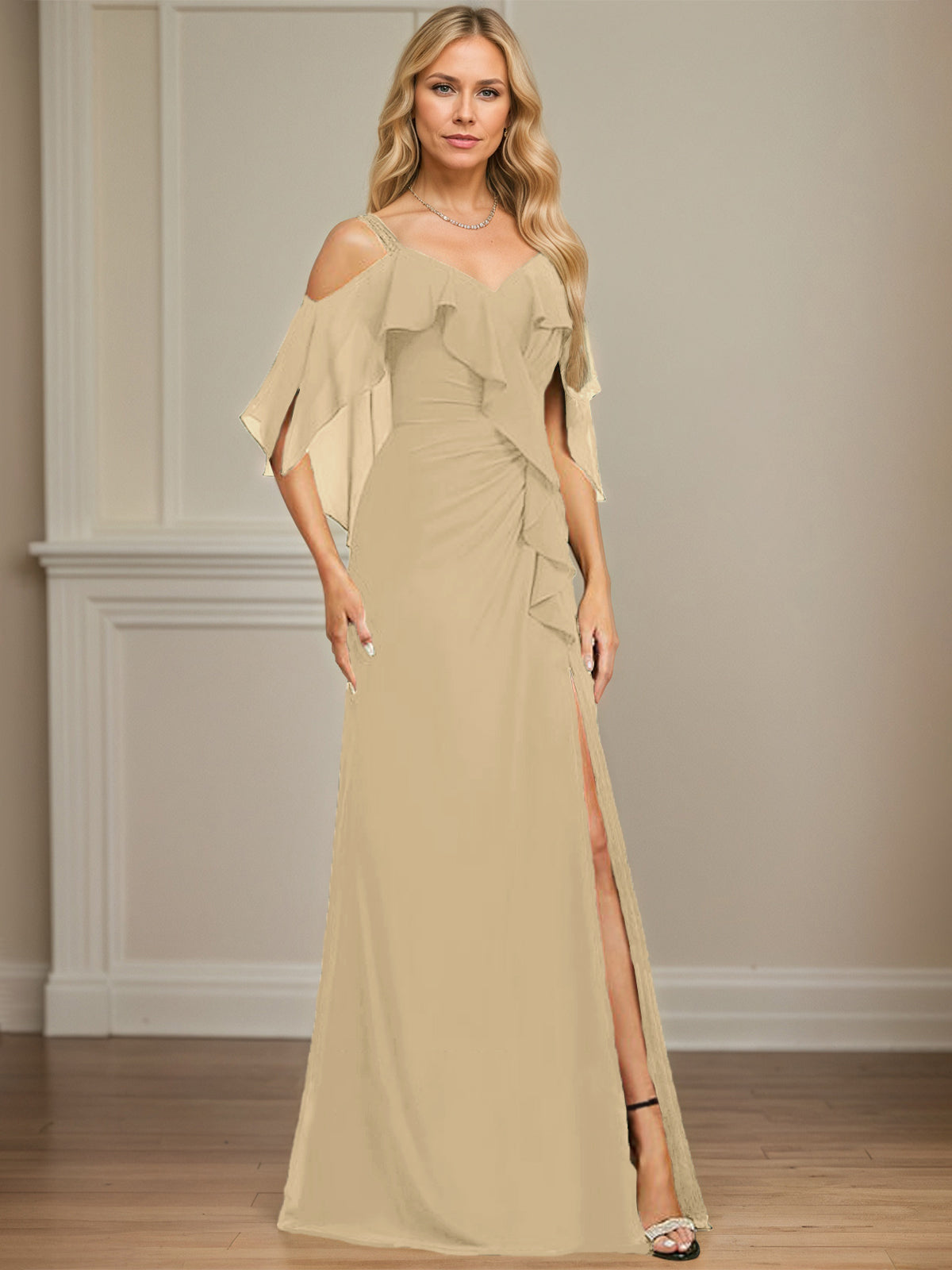 Sheath/Column Cold Shoulder V-Neck Floor-Length Chiffon Dress With Cascading Ruffles Sequins Beading