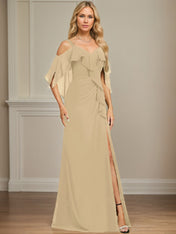 Sheath/Column Cold Shoulder V-Neck Floor-Length Chiffon Dress With Cascading Ruffles Sequins Beading