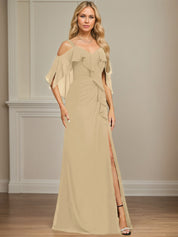 Sheath/Column Cold Shoulder V-Neck Floor-Length Chiffon Dress With Cascading Ruffles Sequins Beading