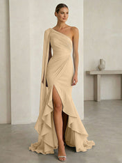 Glamorous Midnight Navy Formal Evening Dress One-Shoulder Ruched Cape Gown