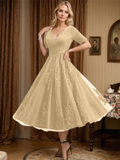 A-line V-Neck Tea-Length Tulle Lace Mother of the Bride Dress With Pleated