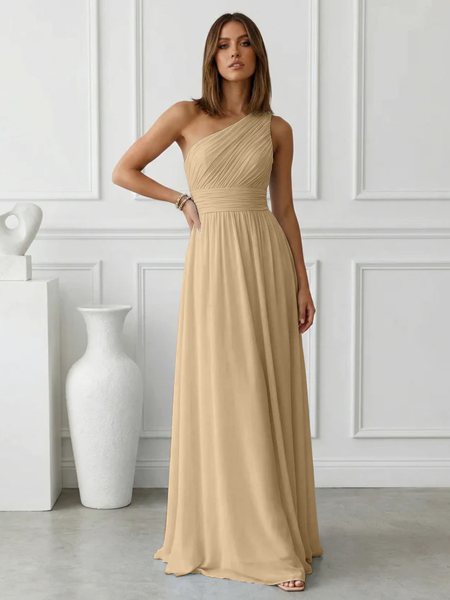 Timeless Light Blue One-Shoulder Maxi Dress Ruched Chiffon Gown