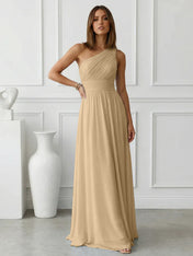 Timeless Light Blue One-Shoulder Maxi Dress Ruched Chiffon Gown