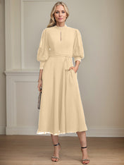 A-line High Neck Tea-Length Lace Chiffon Mother of the Bride Dress With Bow