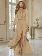 Elegant Beige Chiffon V-neck With Rhinestone Embellishments And A Side Slit Maxi Dress