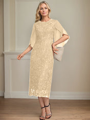 Sheath/Column Scoop Tea-Length Lace Chiffon Mother of the Bride Dress