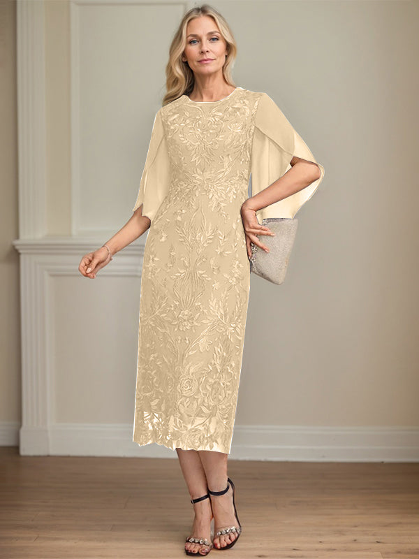 Column Scoop Tea-Length Lace Chiffon Mother of the Bride Dress