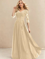 A-line V-Neck Floor-Length Lace Chiffon Mother of the Bride Dress With Sequins