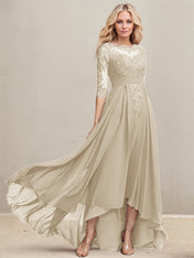 A-line Scoop Illusion Asymmetrical Lace Chiffon Mother of the Bride Dress With Pleated Sequins