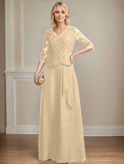 A-line V-Neck Floor-Length Lace Chiffon Mother of the Bride Dress With Cascading Ruffles Sequins