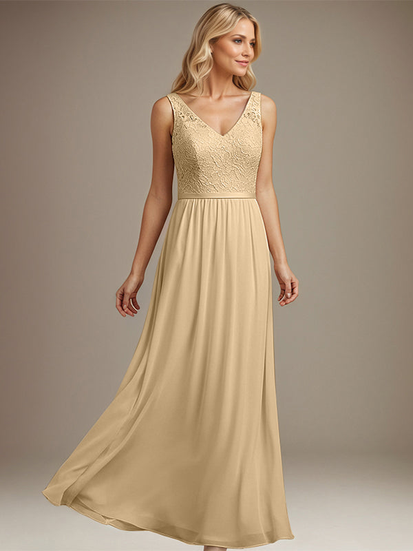 Dusty Blue A-line V Neck Floor-Length Lace Chiffon Mother of the Bride Dress