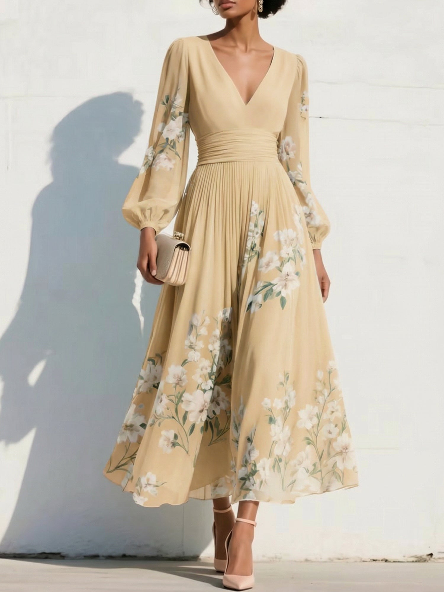 Elegant Floral V-Neck Pleated Midi Dress with Long Sleeves