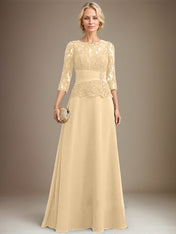 A-line Scoop Illusion Floor-Length Chiffon Lace Mother of the Bride Dress With Pleated Sequins Beading