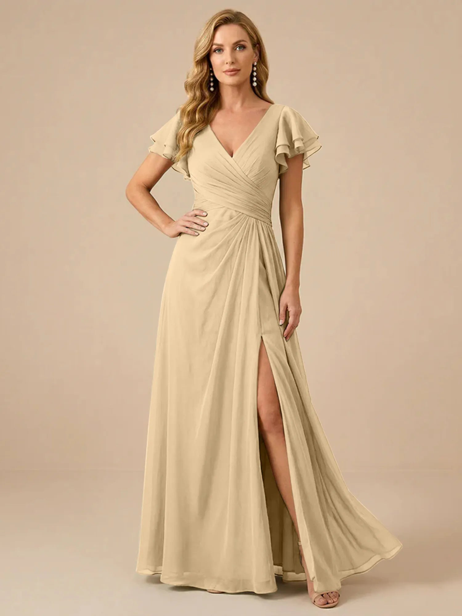 Sage Green V-Neck High-Slit Pleated Chiffon Dress