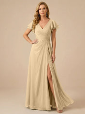 Sage Green V-Neck High-Slit Pleated Chiffon Dress