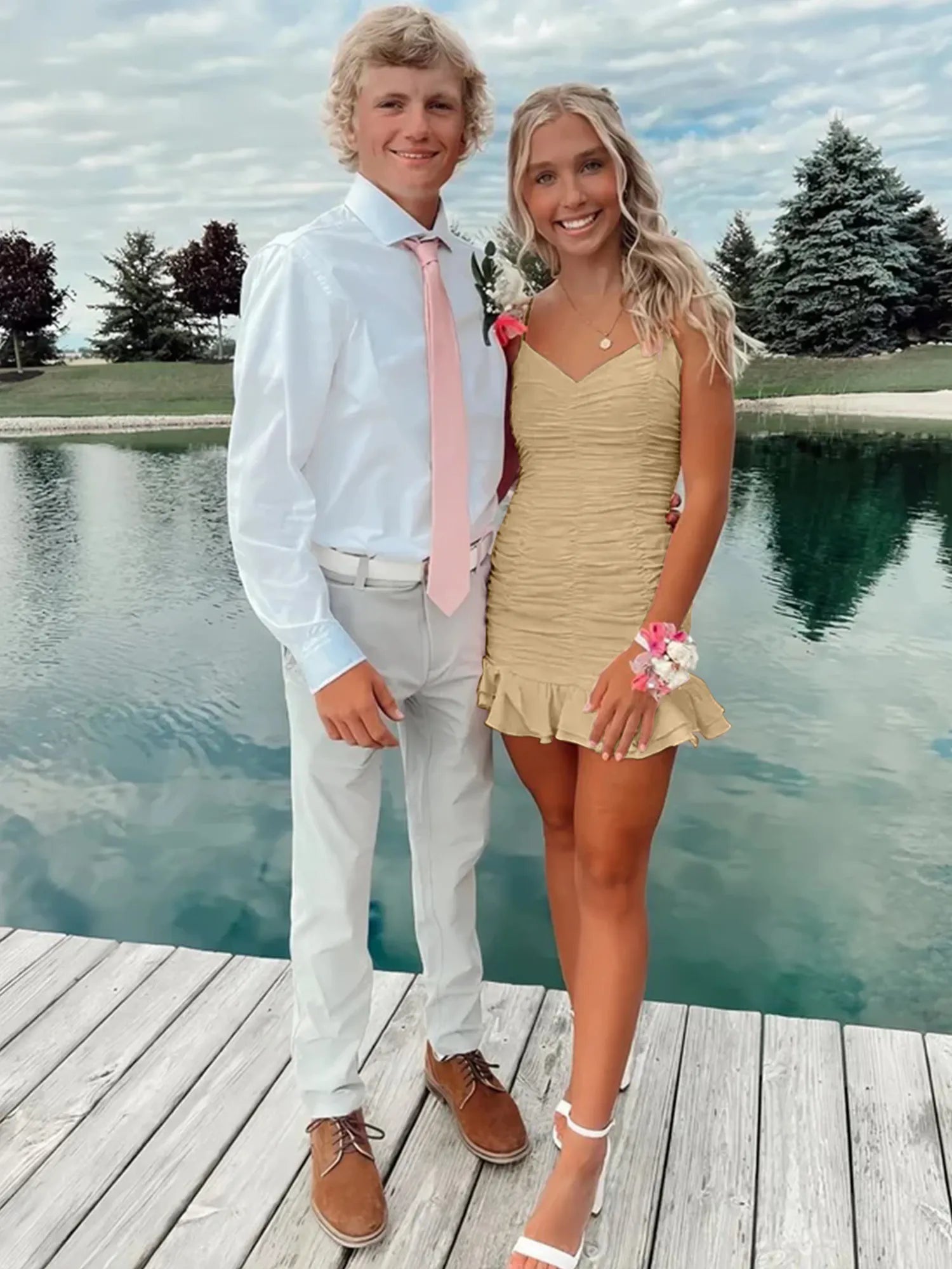 Cute Sheath Satin Short Homecoming Dress with Ruffles