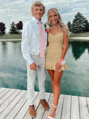 Cute Sheath Satin Short Homecoming Dress with Ruffles