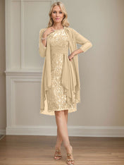 Sheath/Column Scoop Illusion Knee-Length Lace Chiffon Mother of the Bride Dress With Cascading Ruffles Sequins