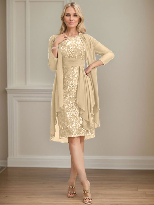 Column Scoop Illusion Knee-Length Lace Chiffon Mother of the Bride Dress With Cascading Ruffles Sequins