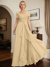 A-line Sweetheart Floor-Length Chiffon Lace Mother of the Bride Dress With Beading Cascading Ruffles