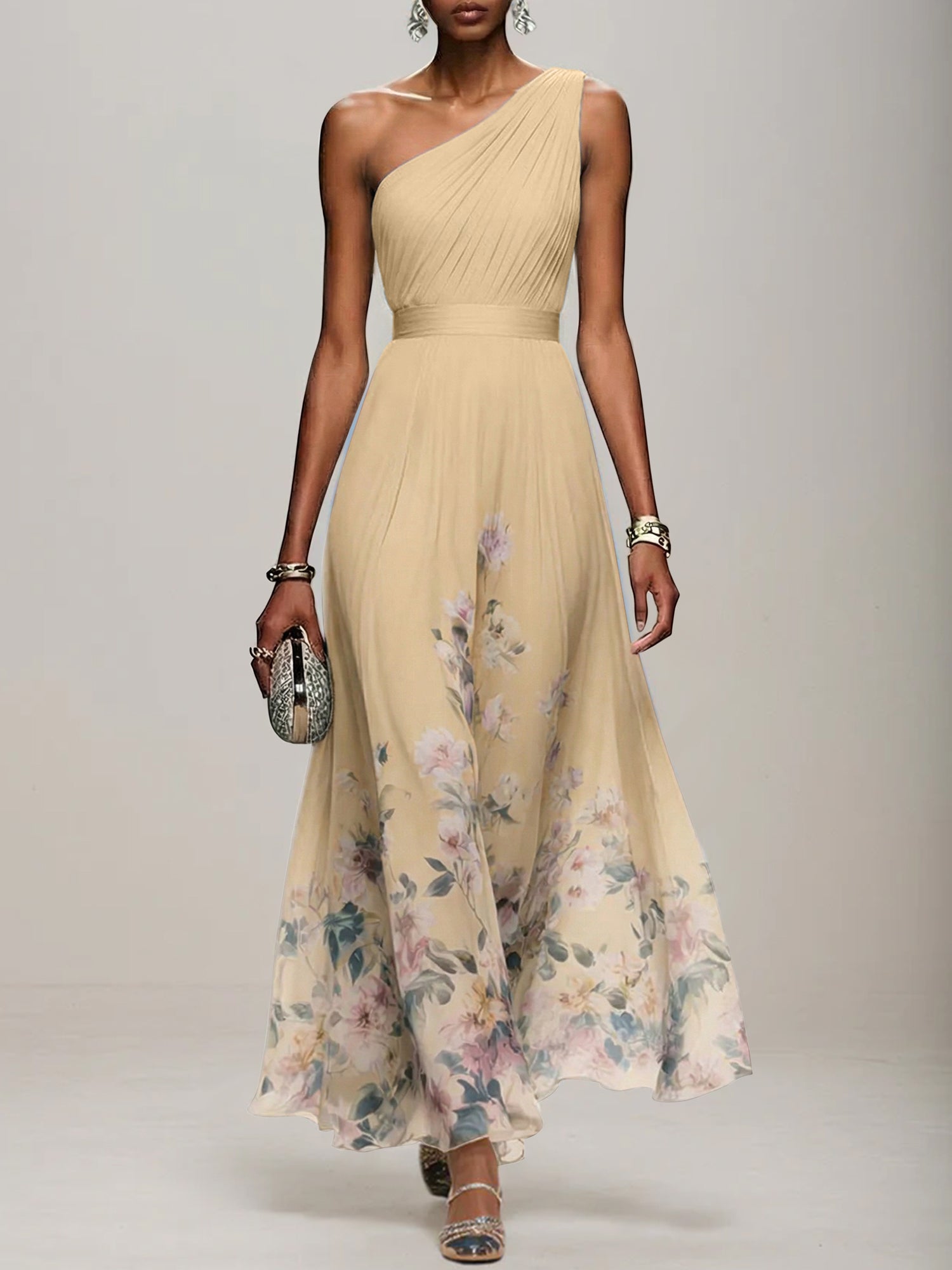 Light Blue Floral Chiffon One Shoulder Sleeveless A-Line Maxi Dress Gown