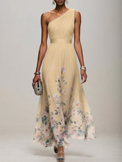 Light Blue Floral Chiffon One Shoulder Sleeveless A-Line Maxi Dress Gown