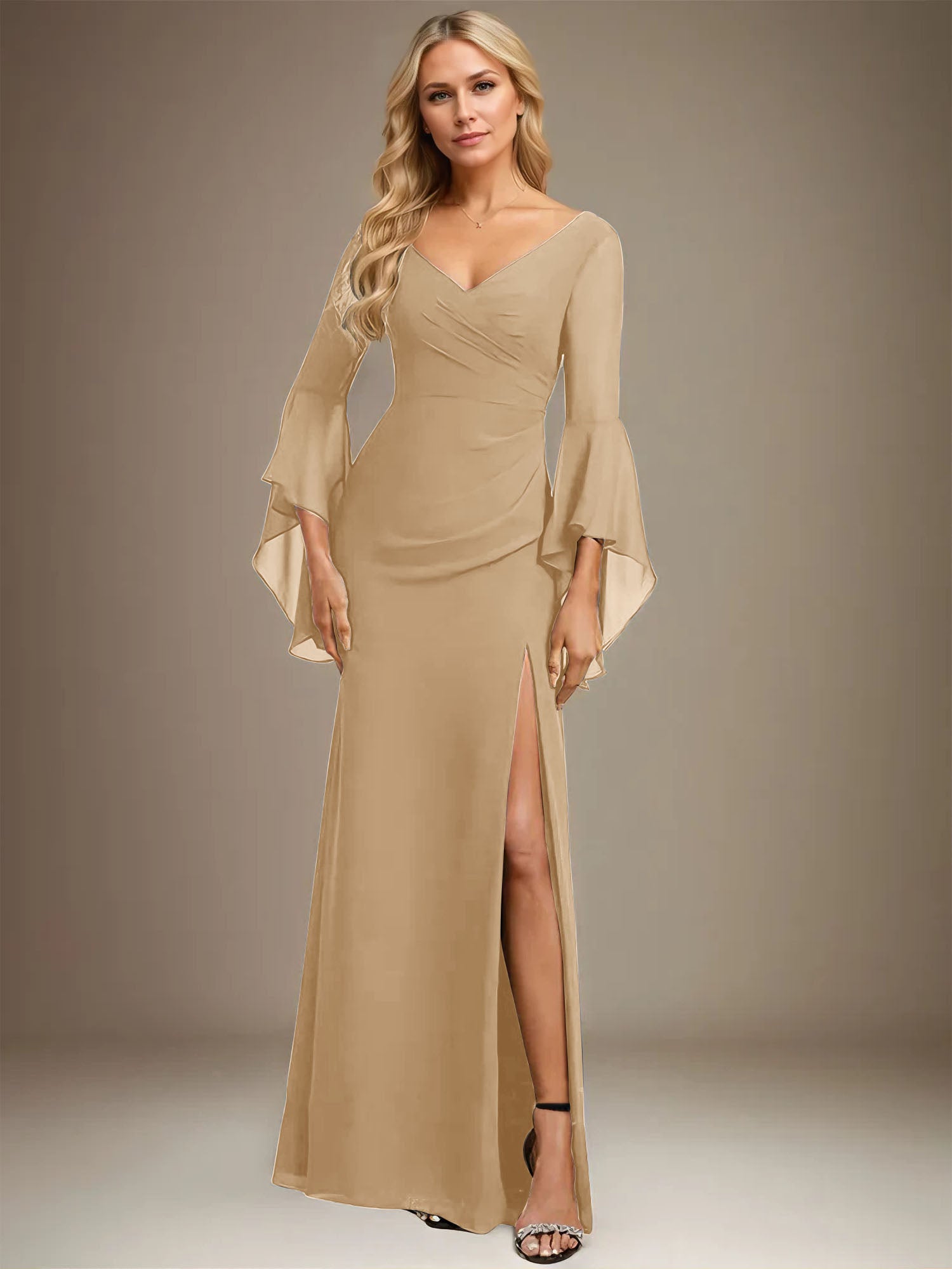 Column V-Neck Floor-Length Chiffon Dress With Pleated