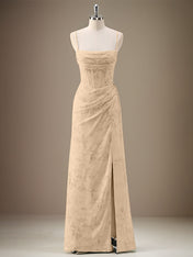 Black Sheath Spaghetti Straps Pleated Long Bridesmaid Dress with Slit