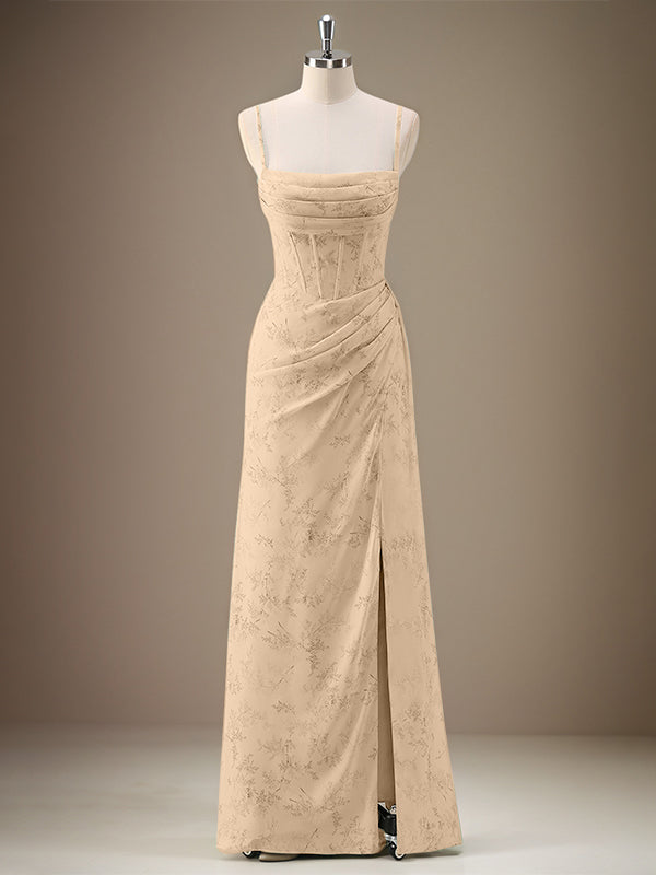 Black Sheath Spaghetti Straps Pleated Long Bridesmaid Dress with Slit