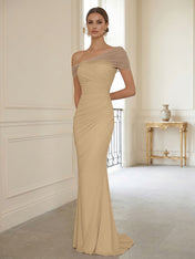 Sophisticated Blush Pink Asymmetrical Ruched Maxi Dress Evening Gown