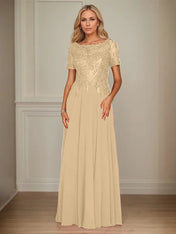 A Line Chiffon Boat Neck Short Sleeves Floor Length Mother of the Bride Dresses