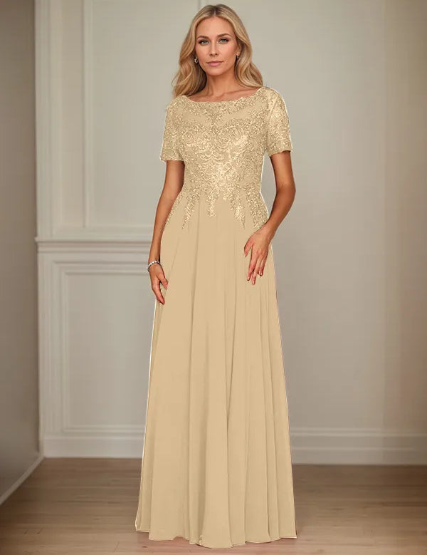 A Line Chiffon Boat Neck Short Sleeves Floor Length Mother of the Bride Dresses