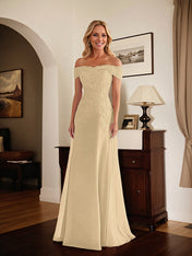 Elegant Taupe Off The Shoulder Sheath Mother of the Bride Dress with Lace