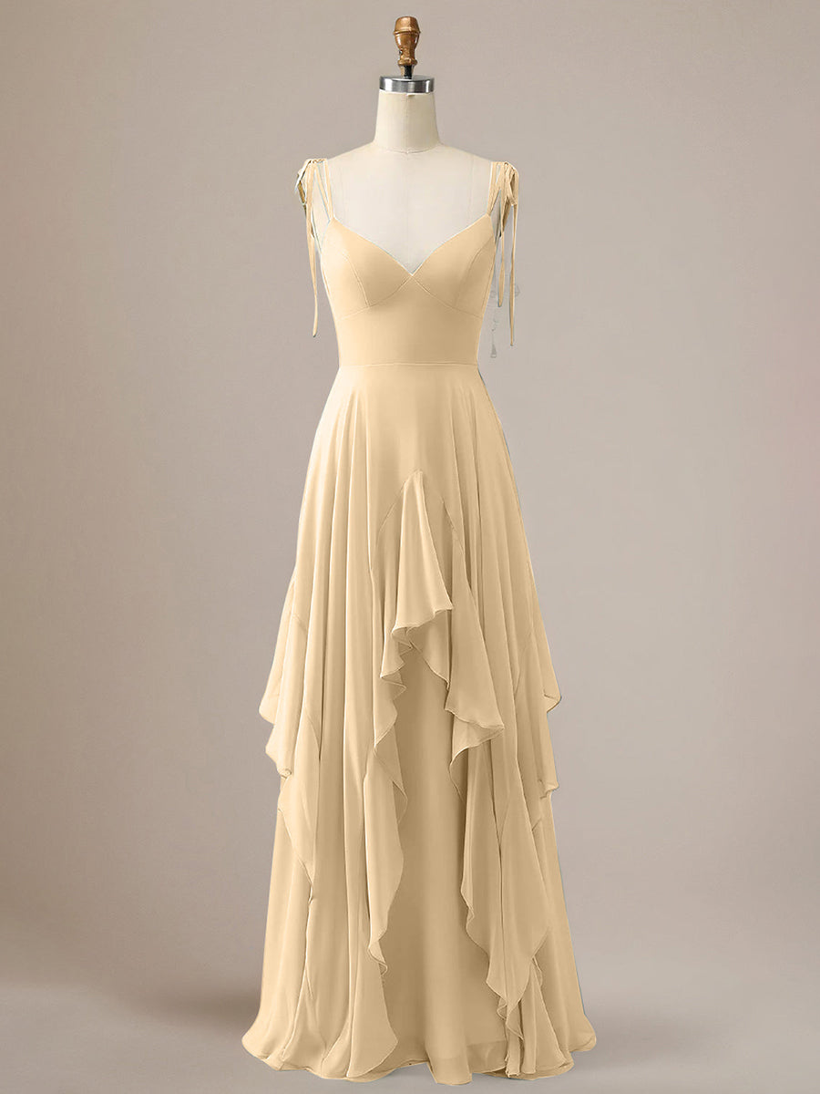 Elegant Dusty Blue A Line Spaghetti Straps Chiffon Long Bridesmaid Dress with Ruffles